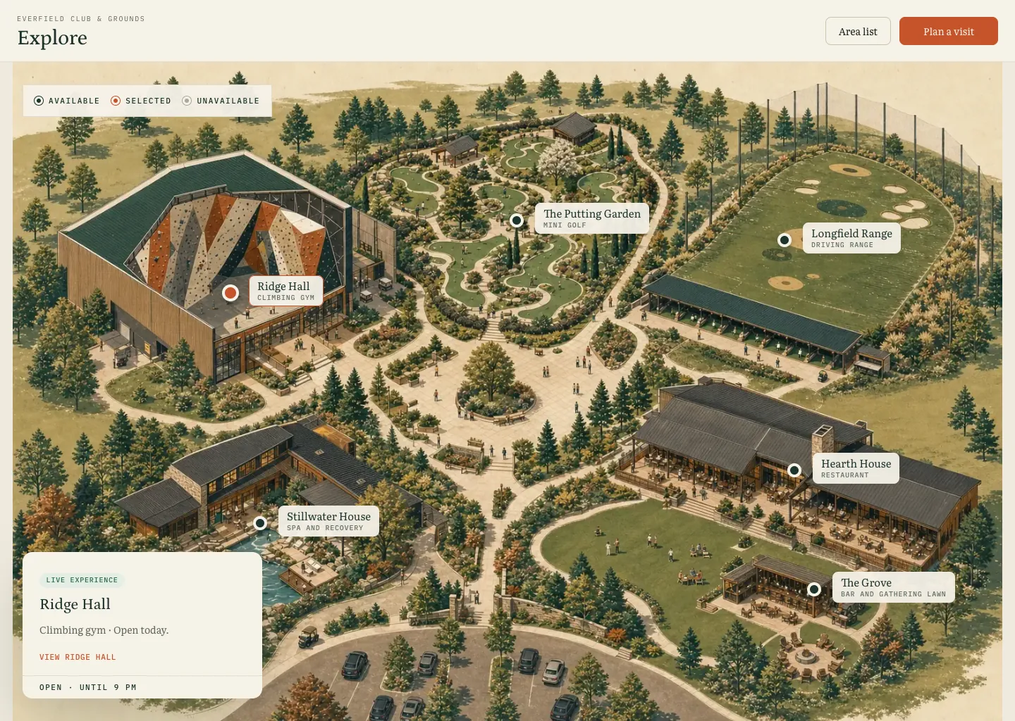 Everfield Club and Grounds property map showing several venue experiences