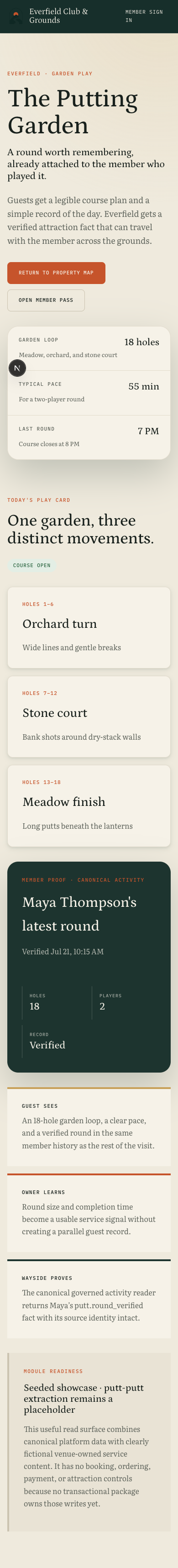 Mobile Putting Garden experience with play information and a verified patron round