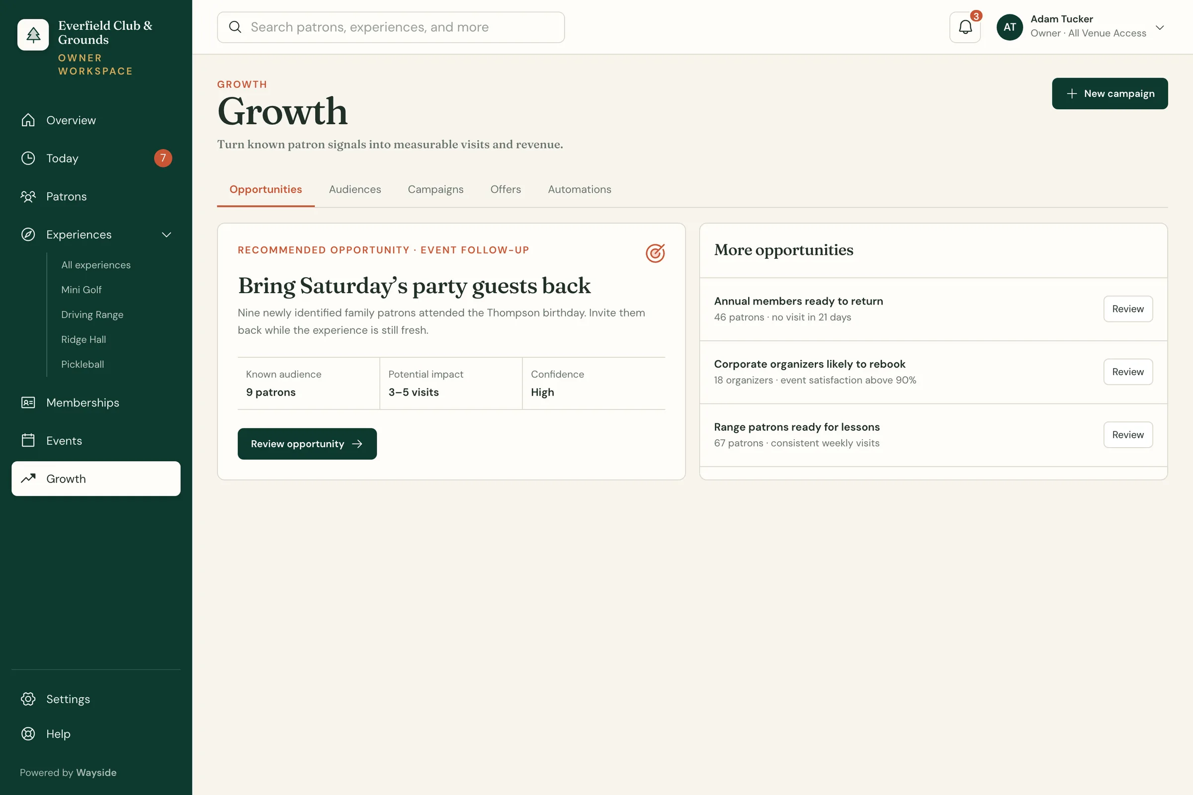 Wayside Growth view showing a recommended opportunity to bring Saturday's party guests back, with a known audience of nine patrons and a review button