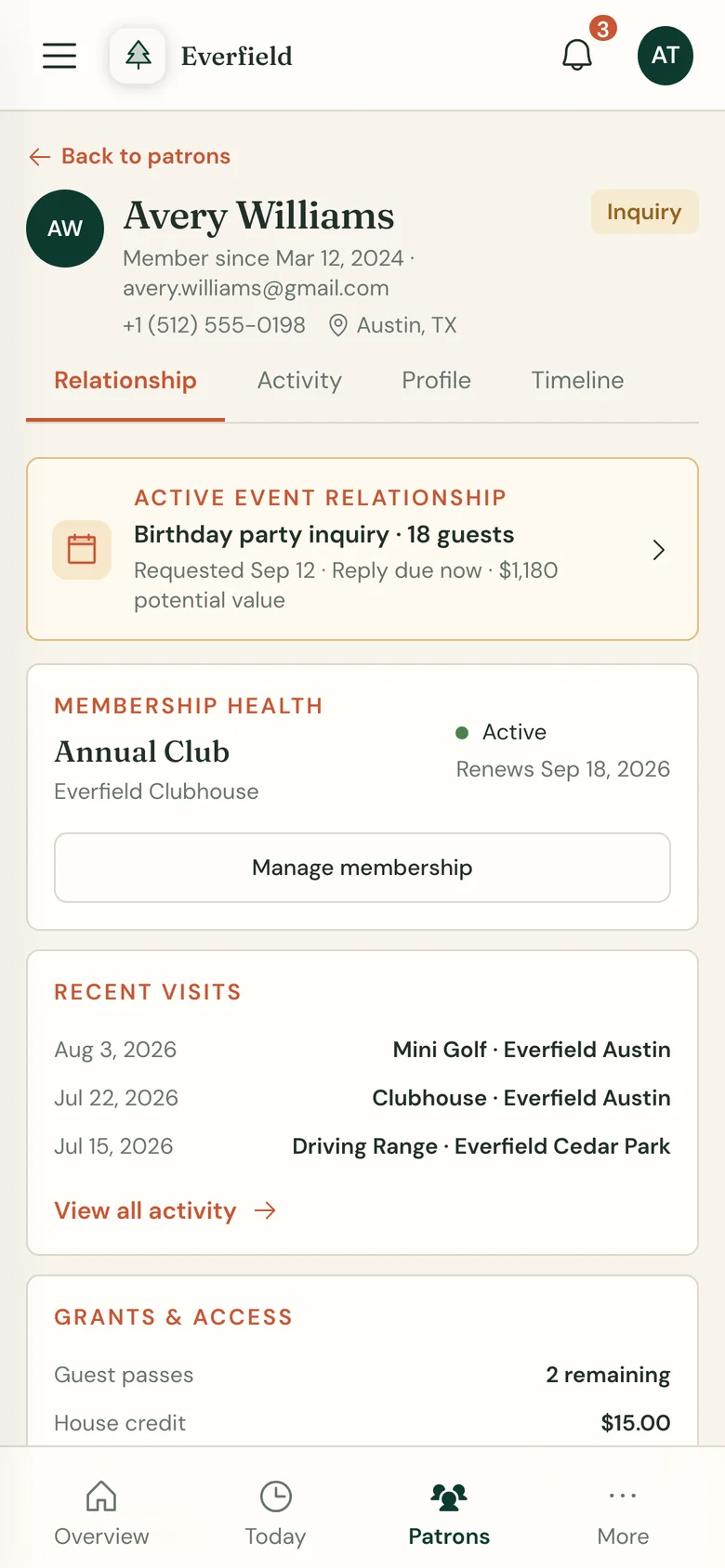 Wayside operator app on a phone: one patron's record with an active event inquiry and membership health