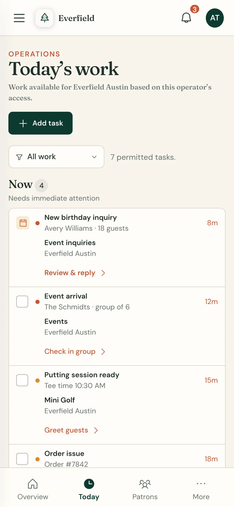 Wayside operator app on a phone: Today's work grouped into now, next, and later