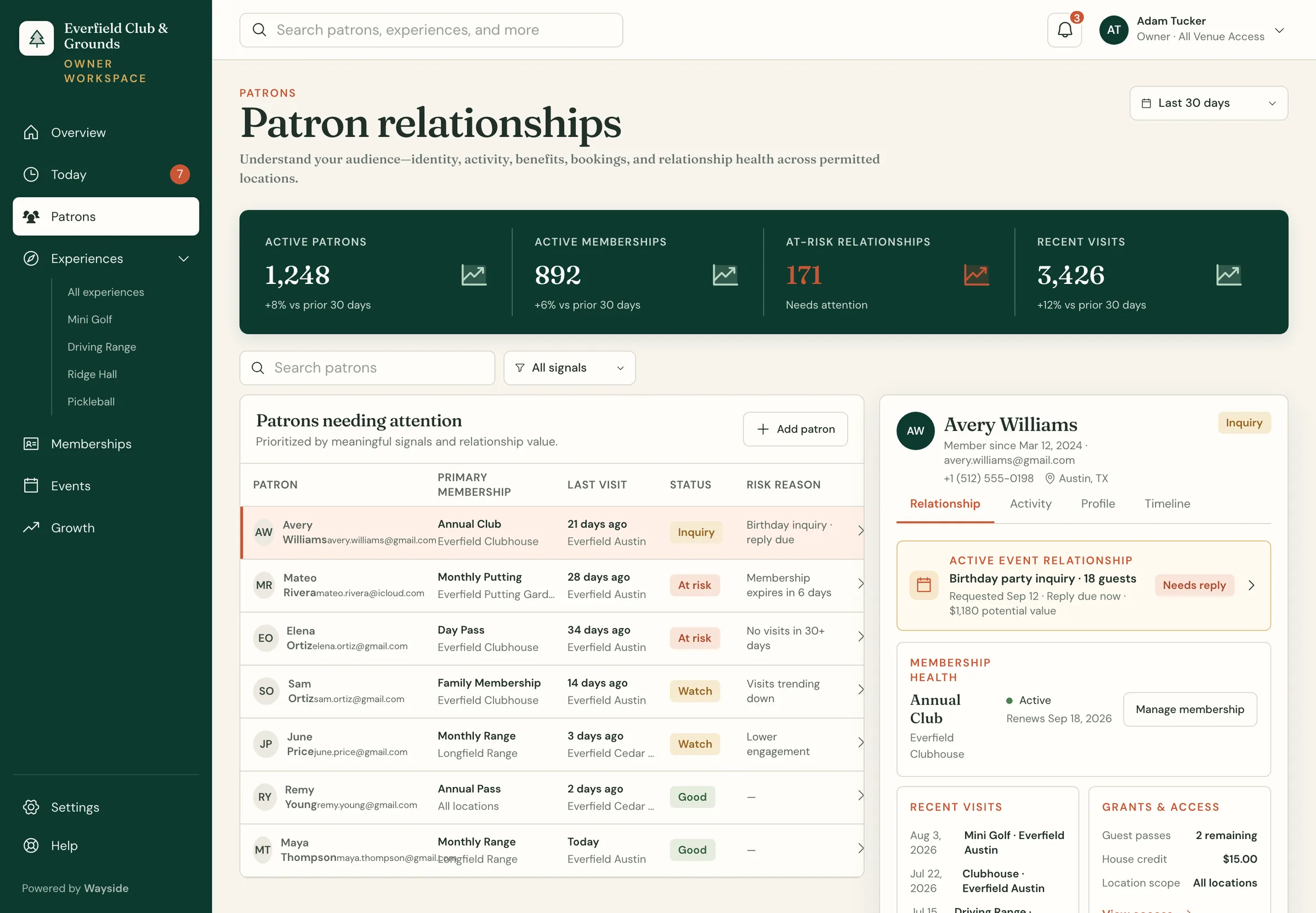 Wayside patron relationships view: patrons needing attention beside one patron's record with an active event inquiry, membership health, recent visits, and grants