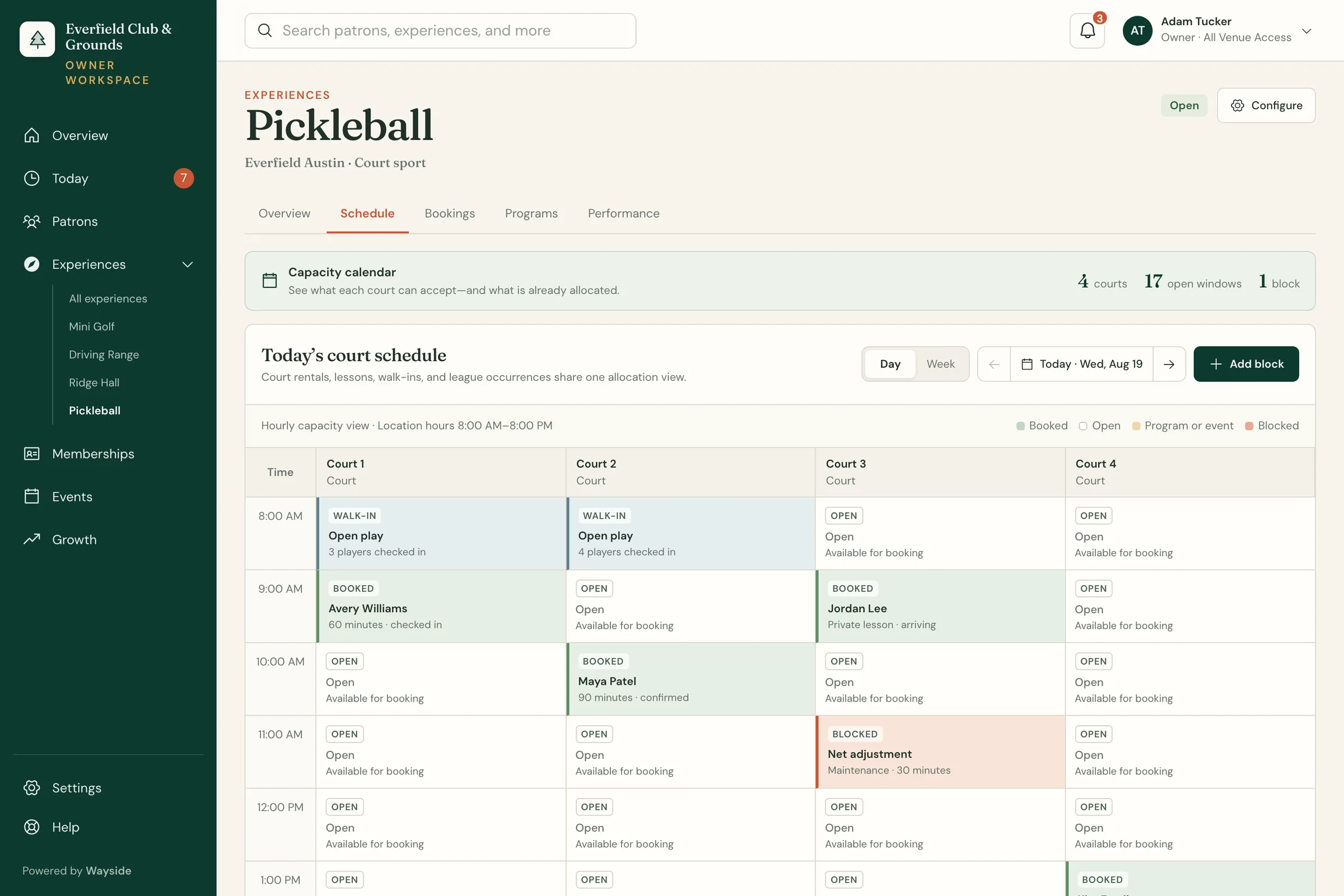 Wayside pickleball schedule showing four courts across the day with booked, open, program, and blocked windows