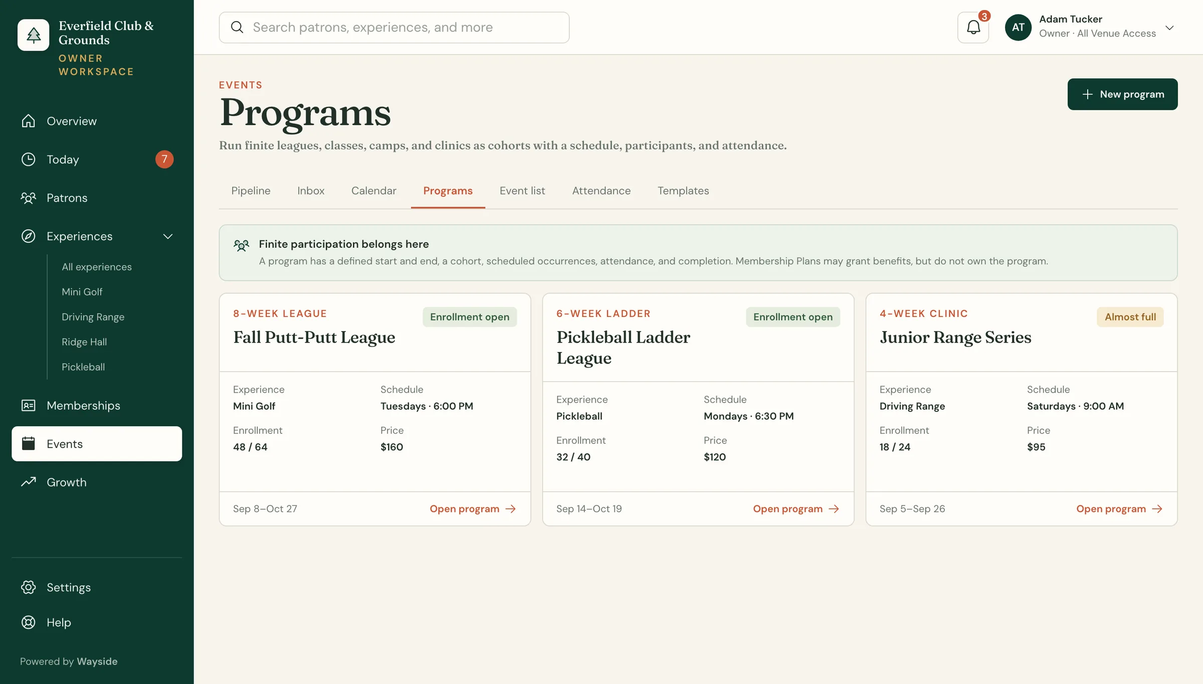 Wayside programs view showing an 8-week Fall Putt-Putt League with enrollment, schedule, and price