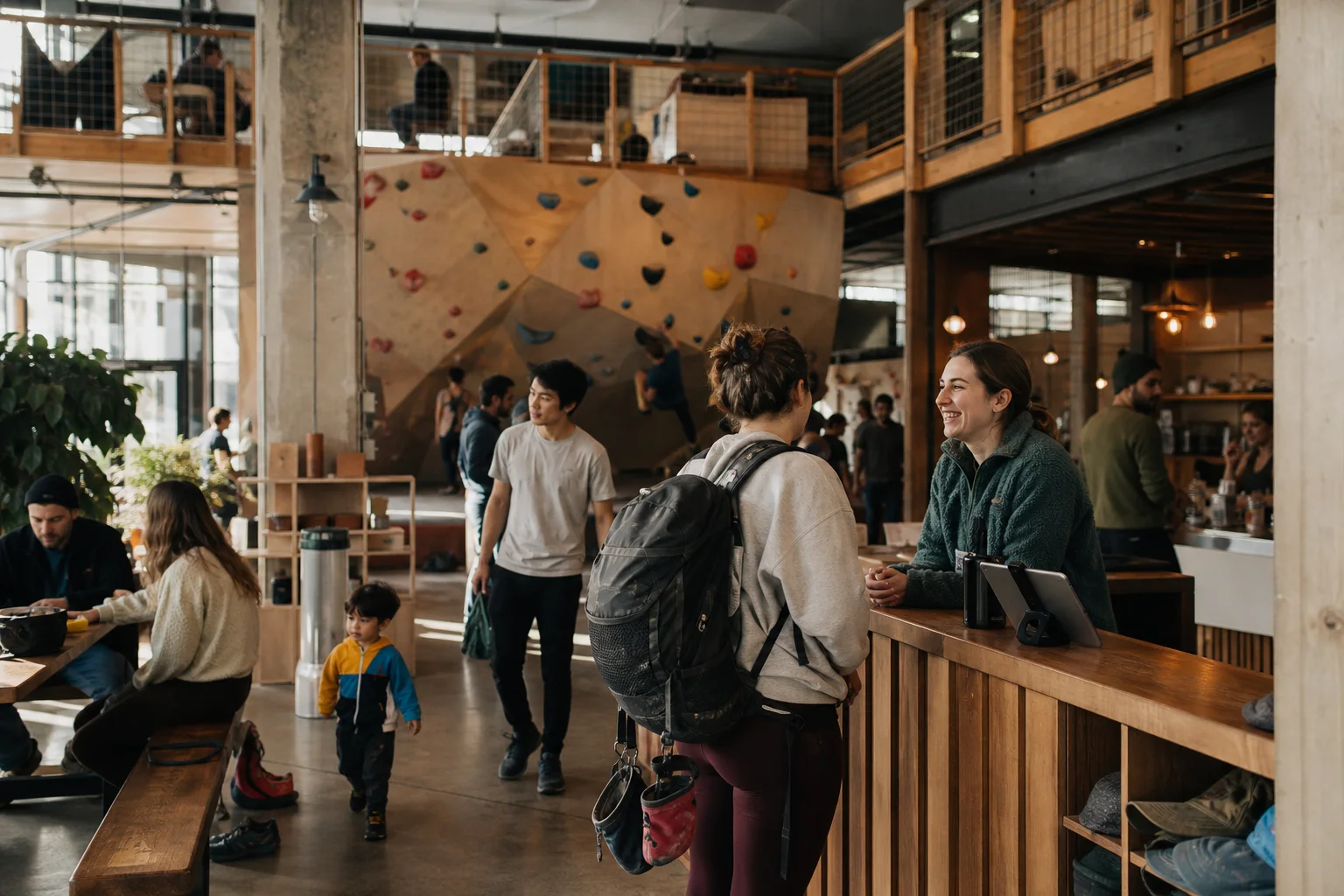 A returning guest being welcomed at an independent bouldering and social club
